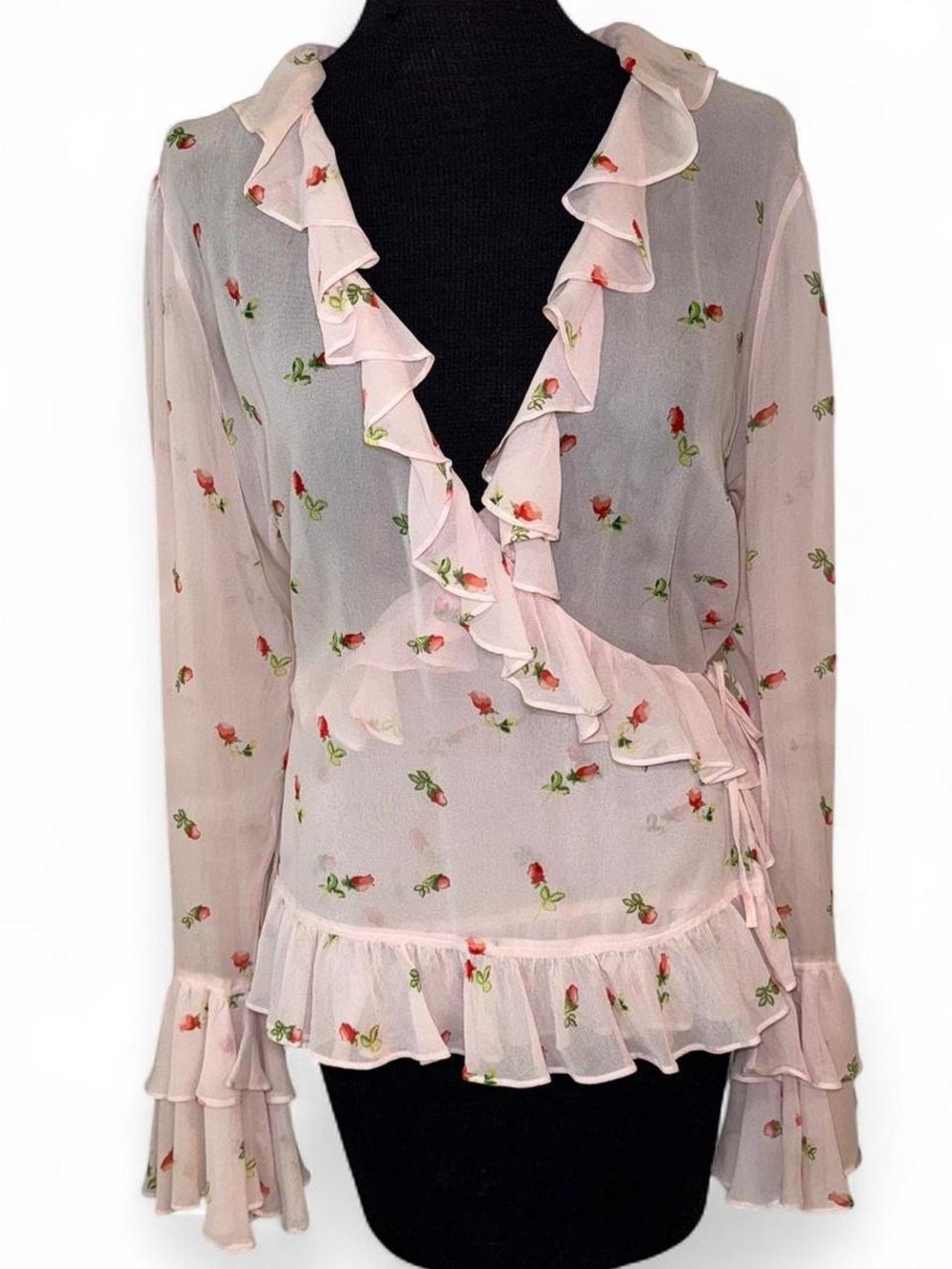Y2K Vintage Moda International 100% Silk pink Floral Ruffle Wrap Blouse Size L